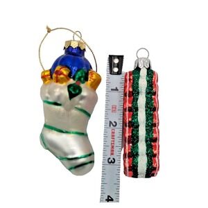 Blown‎ Glass Ornament Lot of 2 Stocking and Ribbion